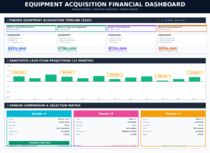 A financial dashboard showing phased equipment acquisition timelines, cash flow projections, and vendor comparison, with colored sections detailing budgets, monthly cash flows, and a matrix comparing three vendors pricing and features.