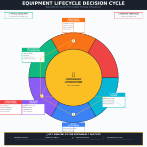 A circular flowchart illustrating the equipment lifecycle decision cycle, showing continuous improvement at the center with stages including definition, procurement, planning, operations, review, and assessment, along with key principles.