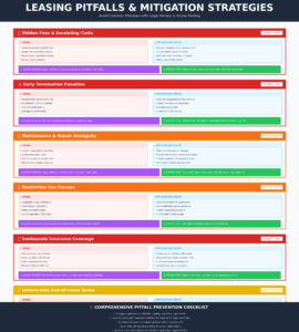 An infographic titled leasing pitfalls & mitigation strategies lists seven common leasing pitfalls with descriptions and prevention steps. Includes a checklist for legal review and stress testing at the bottom. Colorful, organized layout.