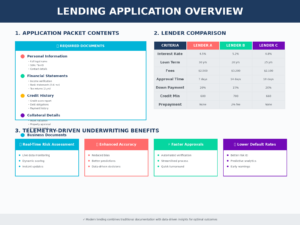 A lending application overview showing required documents, a lender comparison table with interest rates and terms, and benefits of telemetry-driven underwriting such as risk assessment, accuracy, approvals, and lower default rates.