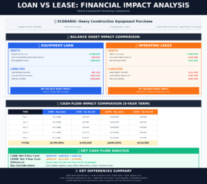 Infographic comparing the financial impact of equipment loans versus operating leases over five years, including balance sheet and cash flow differences, with tables, highlights, and a key differences summary.