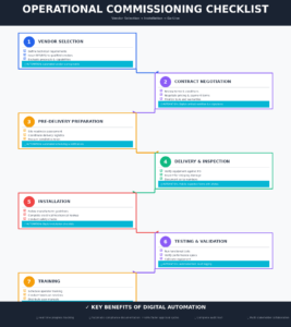A flowchart-style checklist for operational commissioning with seven steps: vendor selection, contract negotiation, pre-delivery preparation, delivery & inspection, installation, testing & validation, and training. Includes notes on digital automation benefits.