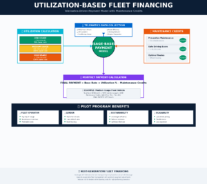 An infographic titled utilization-based fleet financing illustrates a telematics-driven payment model with sections for utilization calculation, telematics data collection, maintenance credits, monthly payment calculation, pilot program benefits, and future steps.