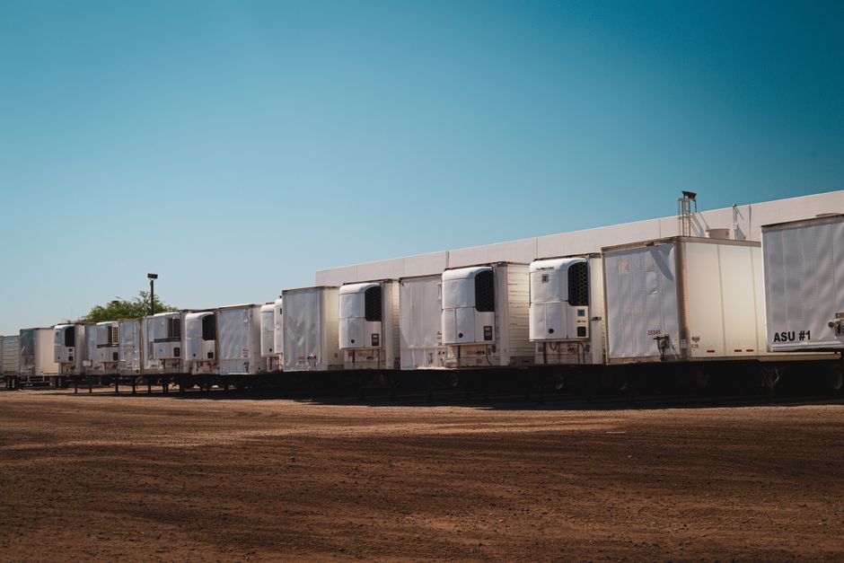 A row of white refrigerated semi-trailers is parked on a dirt lot in front of a white building under a clear blue sky.