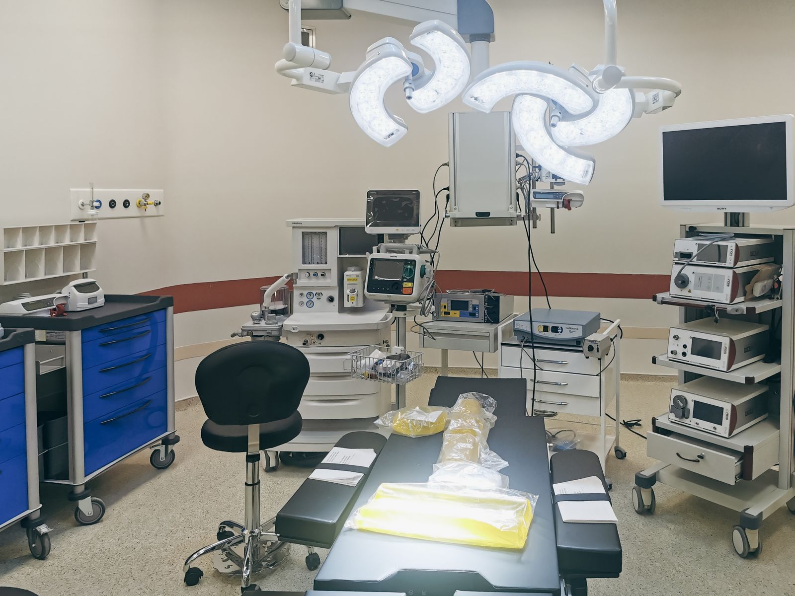 Procedure room with endoscopy video towers, monitors and a procedure table