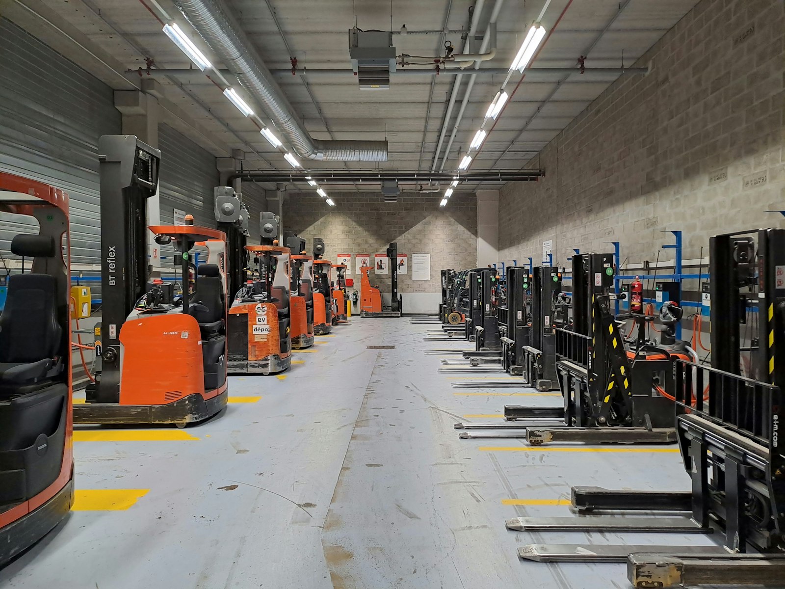 Row of forklifts lined up in a dealer warehouse
